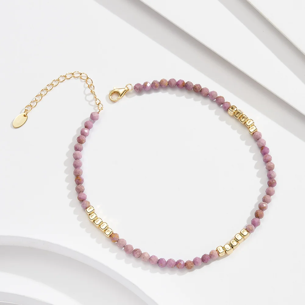 Rinntin Summer Beach Purple Mica Stone Chain Anklet 925 Sterling Silver 14K Gold-Plated Boho Charm Ankle on Leg Handmade SA89