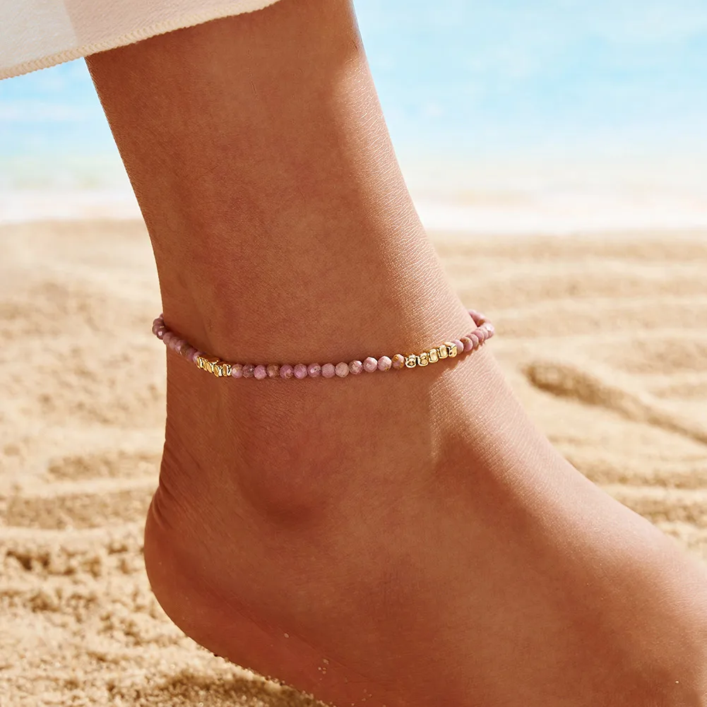 Rinntin Summer Beach Purple Mica Stone Chain Anklet 925 Sterling Silver 14K Gold-Plated Boho Charm Ankle on Leg Handmade SA89
