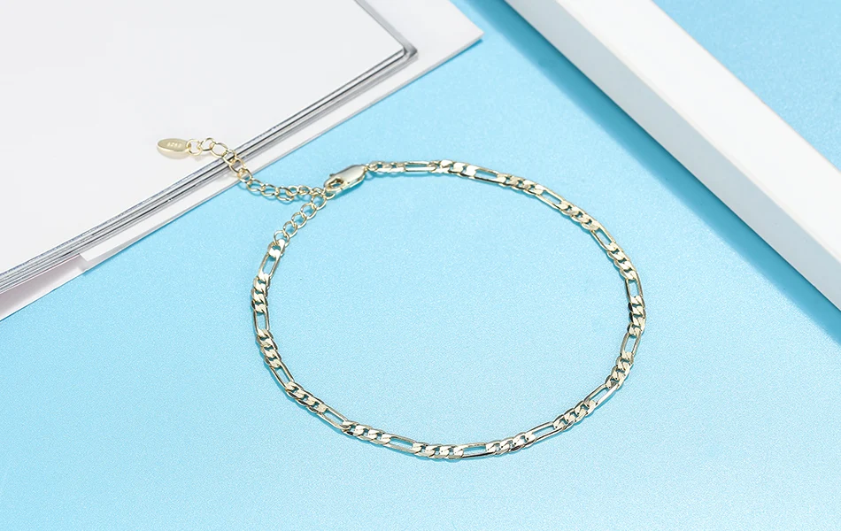 Rinntin Real 925 Sterling Silver 14K Gold Plated Figaro Anklet Chain for Women Girls Daily Summer Foot Chain Jewelry SA07