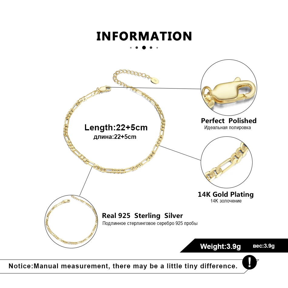 Rinntin Real 925 Sterling Silver 14K Gold Plated Figaro Anklet Chain for Women Girls Daily Summer Foot Chain Jewelry SA07