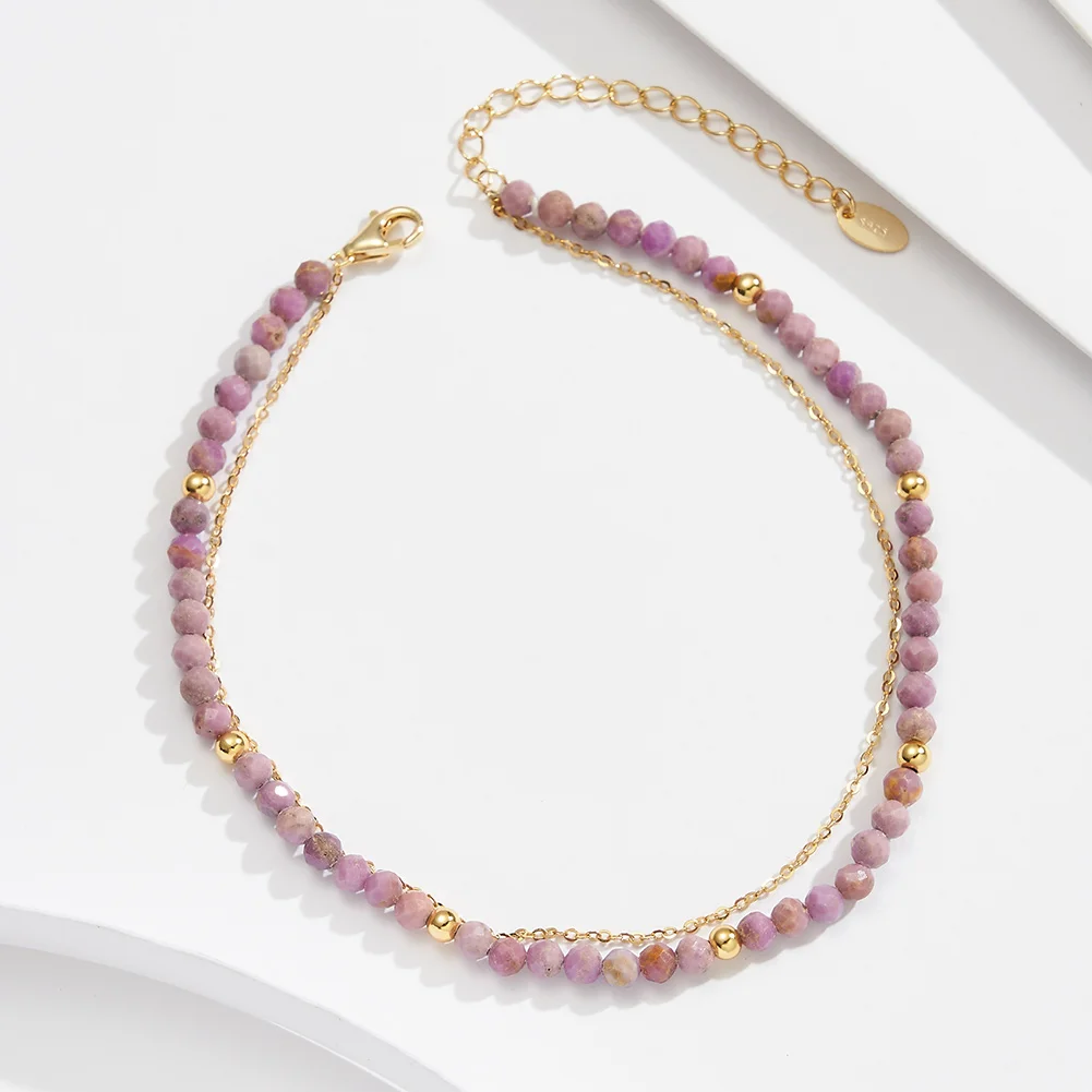 ORSA JEWELS 14K Gold Double Layered Chain Anklet for Women 925 Sterling Silver Purple Mica Foot Chain Ankle Straps Jewelry SA88