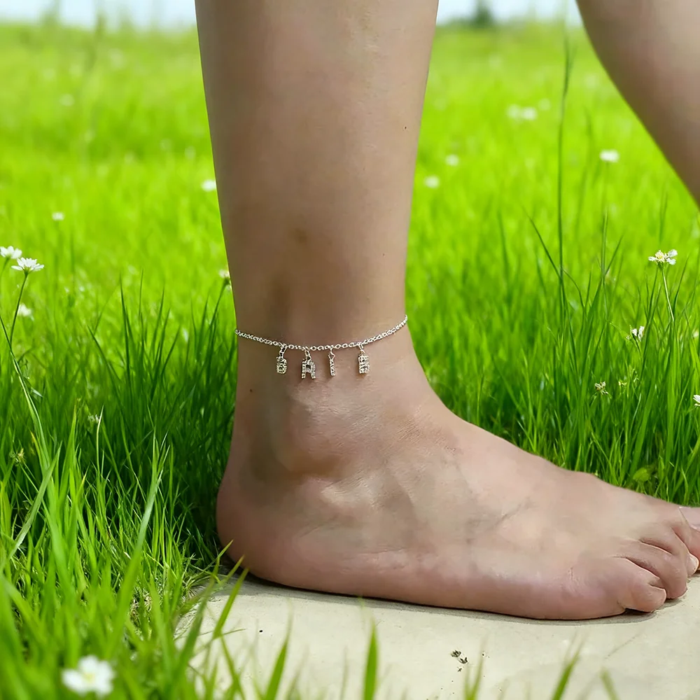 Crystal Custom Name Spaced Letter Anklet Handmade CZ Diamond Gold Silver Initial Hanging Charm Personalized Phrase Unique Gift