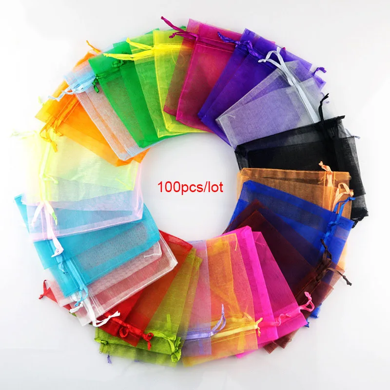 RE 100pcs 22 Colors 7x9 9x12cm 10x15 13x18cm Wedding Christmas Gift Drawable Organza Bags Jewelry Packaging Display & Pouches 13