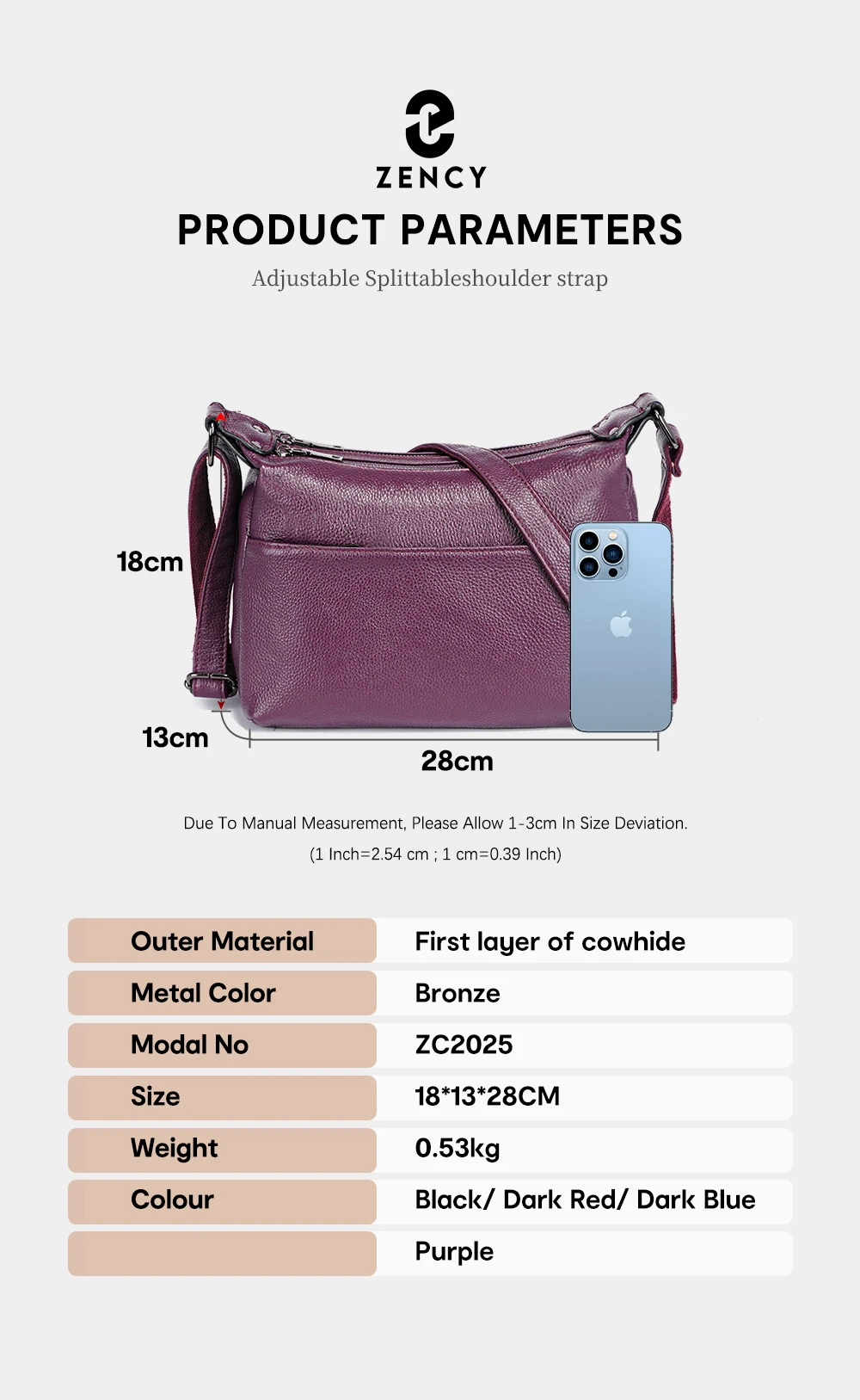 Zency Elegant Genuine Leather Women's Shoulder Bag Trendy Crossbody Messenger Bag for Ladies Dark Red Blue 100% Satchels Hobo