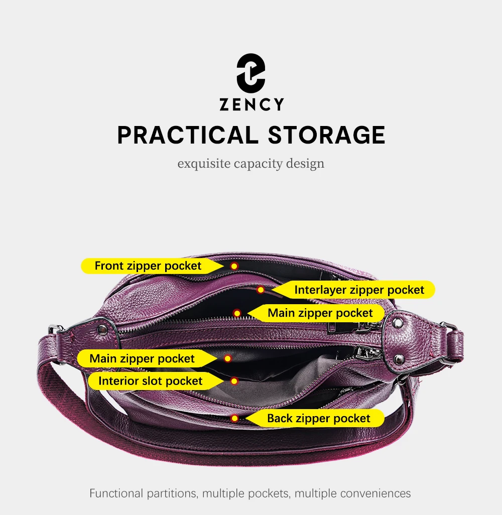 Zency Elegant Genuine Leather Women's Shoulder Bag Trendy Crossbody Messenger Bag for Ladies Dark Red Blue 100% Satchels Hobo