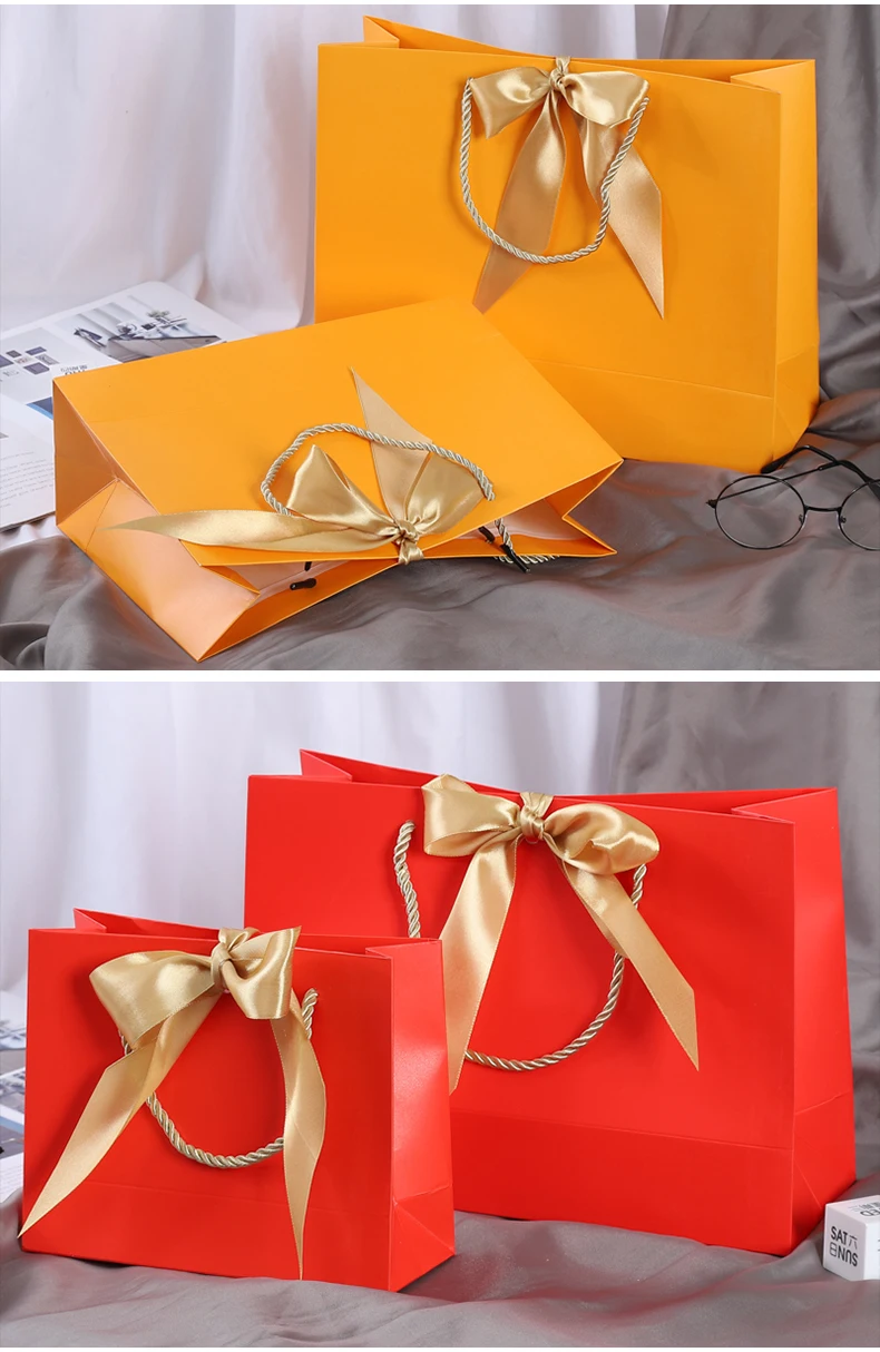 Wholesale Paper Gift Bags with Ribbon Bow Recycled Wedding Shopping Bags with Handles Clothing Cosmetic Jewelry Packaging Bags