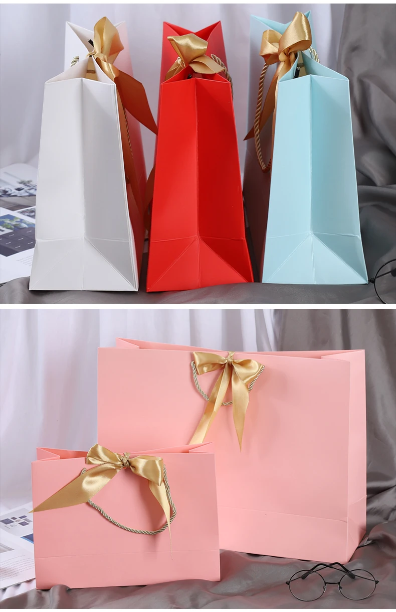 Wholesale Paper Gift Bags with Ribbon Bow Recycled Wedding Shopping Bags with Handles Clothing Cosmetic Jewelry Packaging Bags