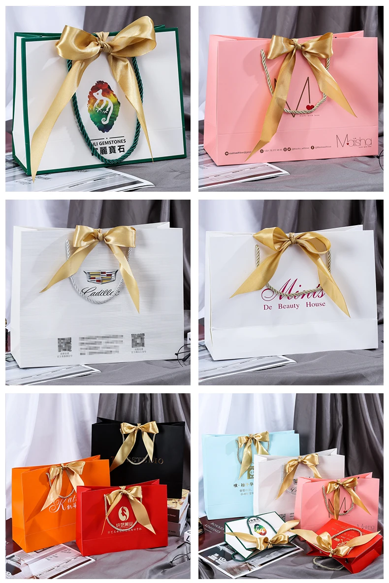 Wholesale Paper Gift Bags with Ribbon Bow Recycled Wedding Shopping Bags with Handles Clothing Cosmetic Jewelry Packaging Bags