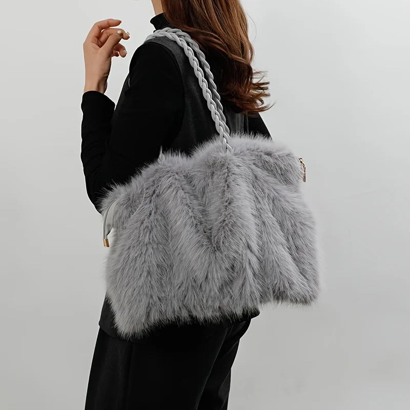 Luxury Faux Fox Fur Bucket Bag, Elegant Winter Plush Handbag. Perfect Holiday Gift for Christmas & Valentine's Day. Shop Now!