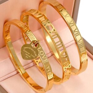 Yupsk 3/1Pc 18K Gold Plated Stainless Steel Stackable Bangle Bracelet for Women Fashion Roman Numeral Holiday Jewelry Gift