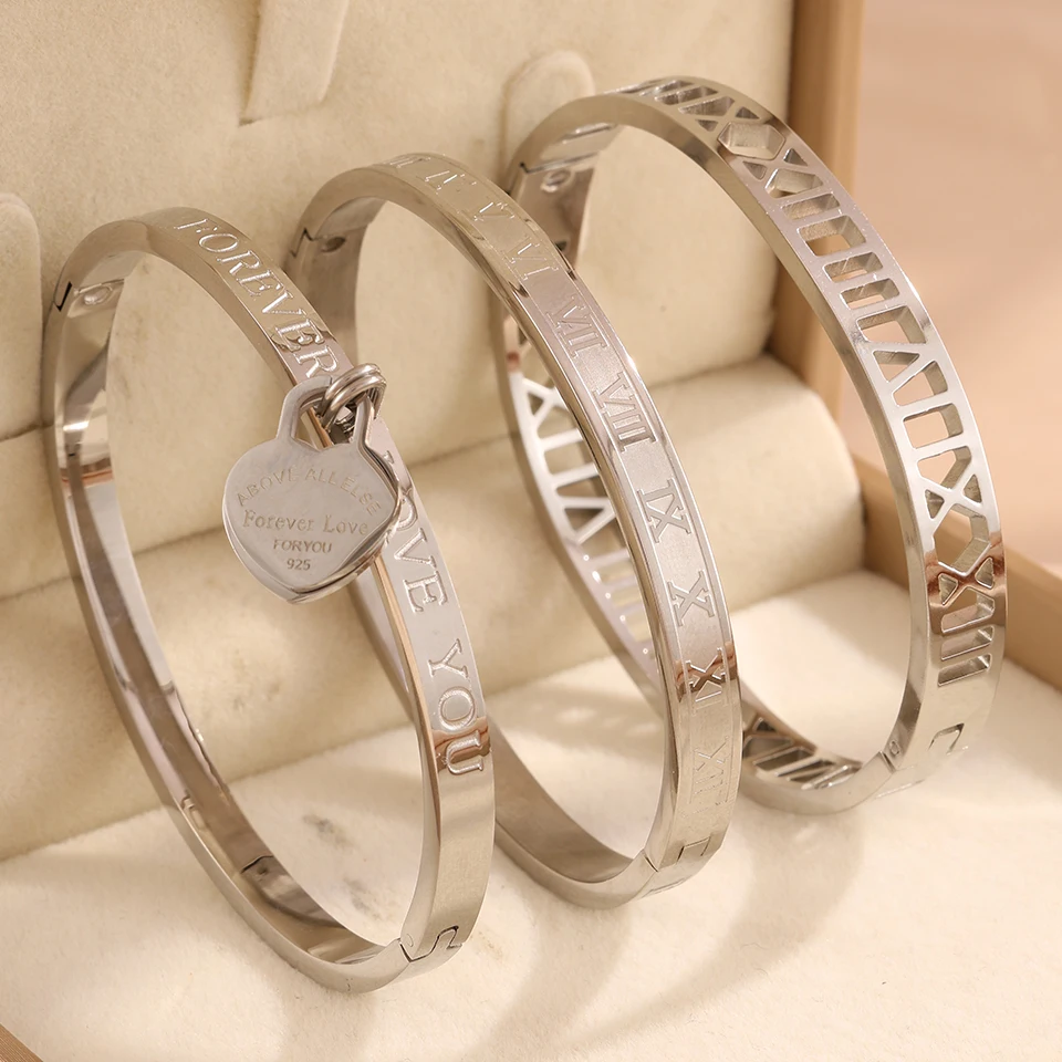 Yupsk 3/1Pc 18K Gold Plated Stainless Steel Stackable Bangle Bracelet for Women Fashion Roman Numeral Holiday Jewelry Gift