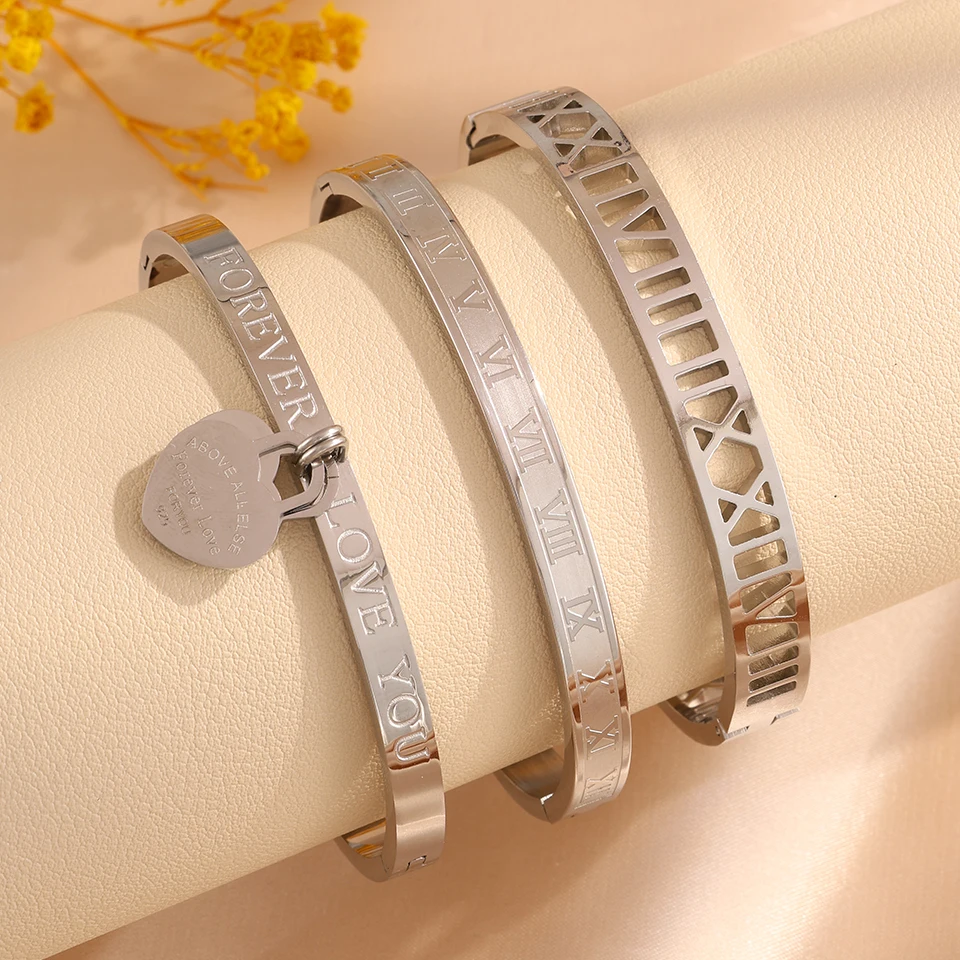 Yupsk 3/1Pc 18K Gold Plated Stainless Steel Stackable Bangle Bracelet for Women Fashion Roman Numeral Holiday Jewelry Gift