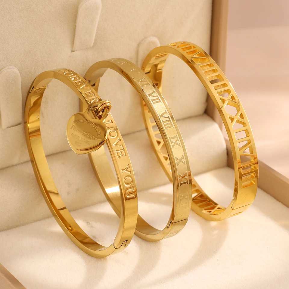 Yupsk 3/1Pc 18K Gold Plated Stainless Steel Stackable Bangle Bracelet for Women Fashion Roman Numeral Holiday Jewelry Gift