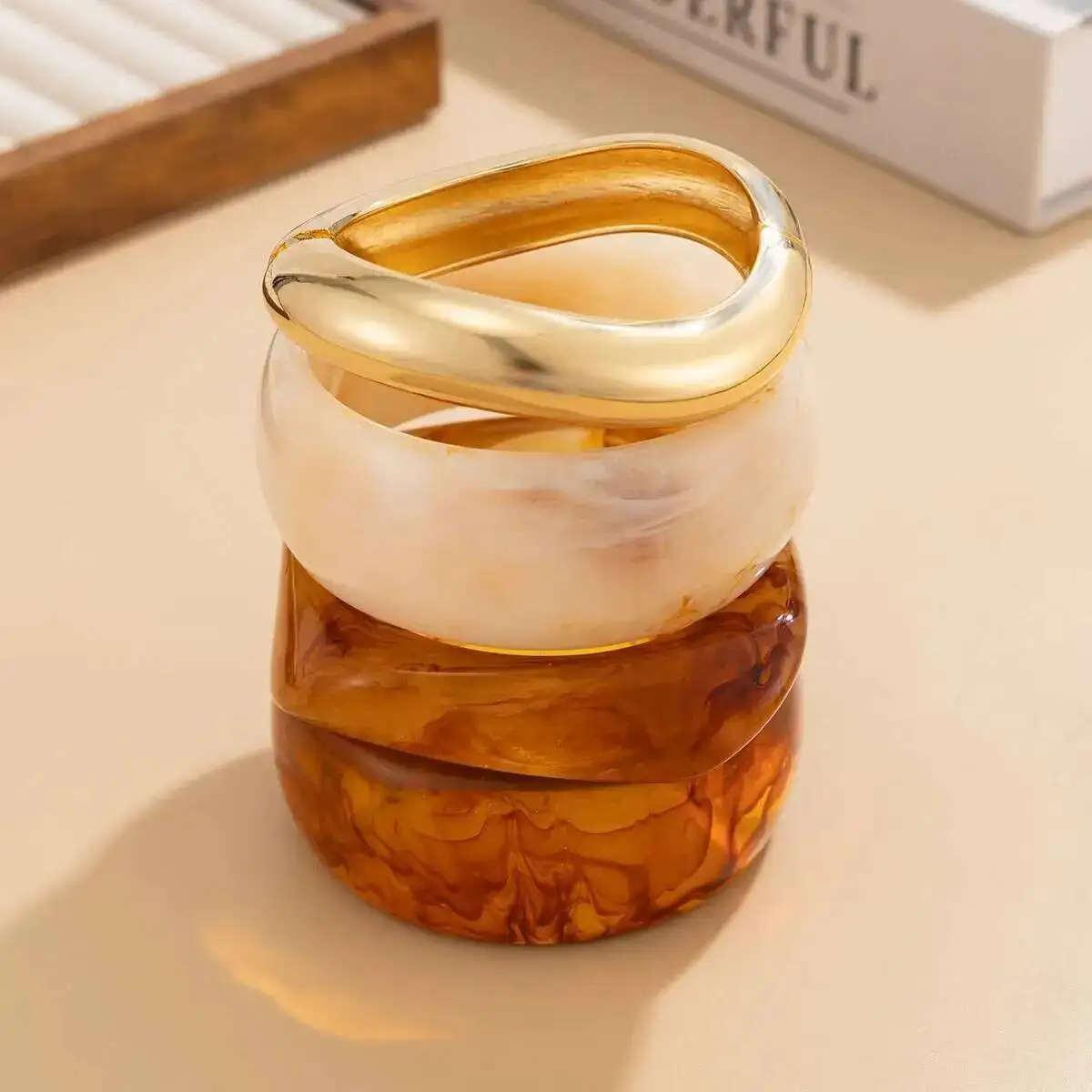 IngeSight.Z 4 Styles Hip Hop Chunky Stacking Resin Bangles for Women Trendy Punk Irregular Geometric Charm Wide Bracelet Jewelry