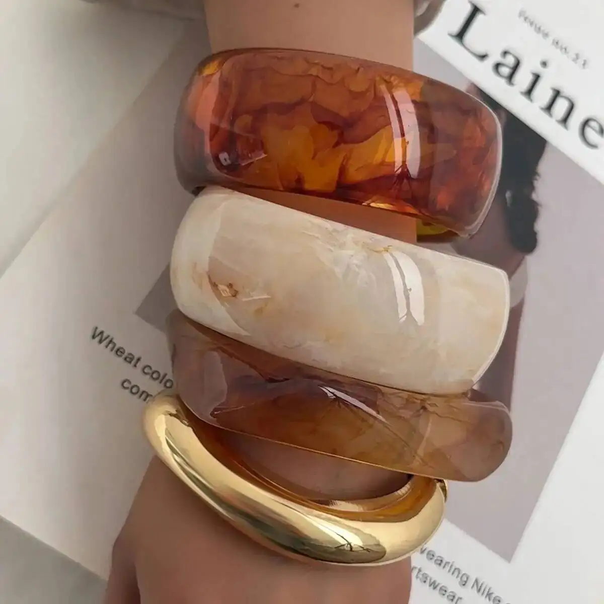 IngeSight.Z 4 Styles Hip Hop Chunky Stacking Resin Bangles for Women Trendy Punk Irregular Geometric Charm Wide Bracelet Jewelry