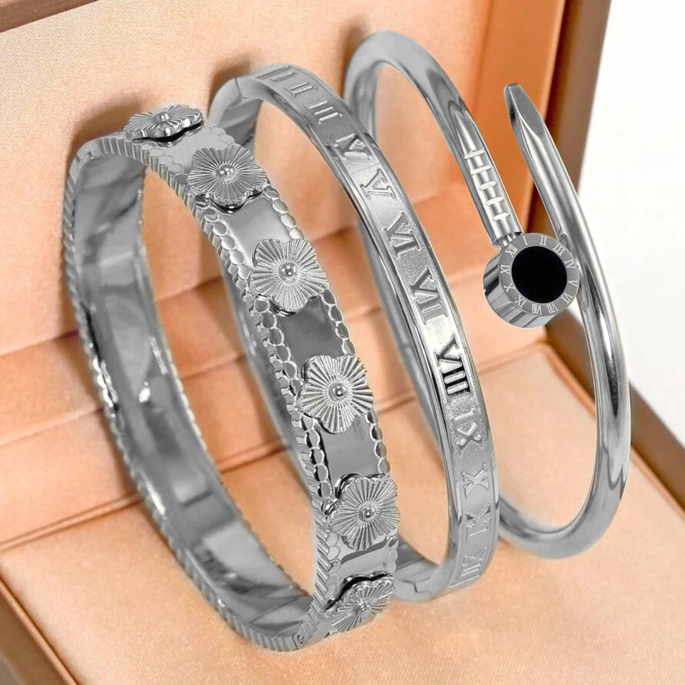 ZAKOL 3pcs/2pcs/1pcs Roman numeral stainless steel bracelet Set for Women Exquisite four-leaf Flower Bangle Daily Jewelry