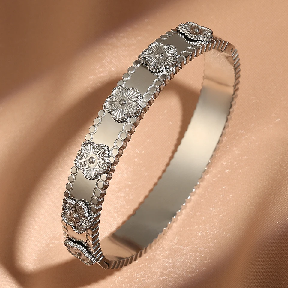 ZAKOL 3pcs/2pcs/1pcs Roman numeral stainless steel bracelet Set for Women Exquisite four-leaf Flower Bangle Daily Jewelry