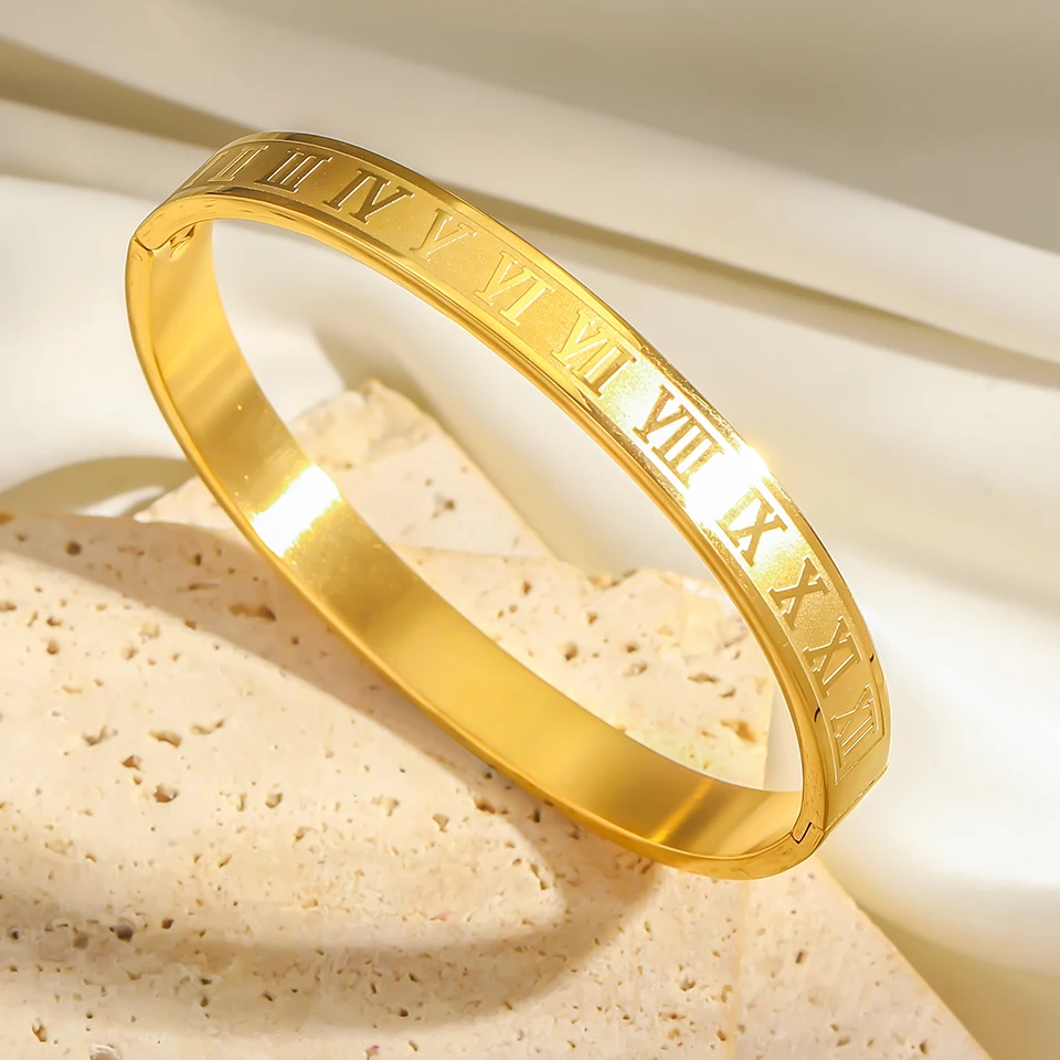 ZAKOL 3pcs/2pcs/1pcs Roman numeral stainless steel bracelet Set for Women Exquisite four-leaf Flower Bangle Daily Jewelry