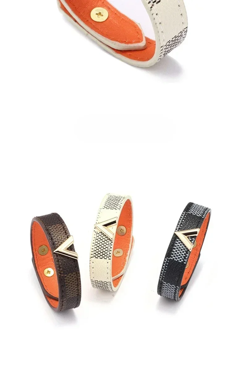 Luxury Charm Letter Golden V Bangle  Minimalist Plain Brown Black Leopard Women Wide Wrap Leather Bracelet Jewelry for Ladies