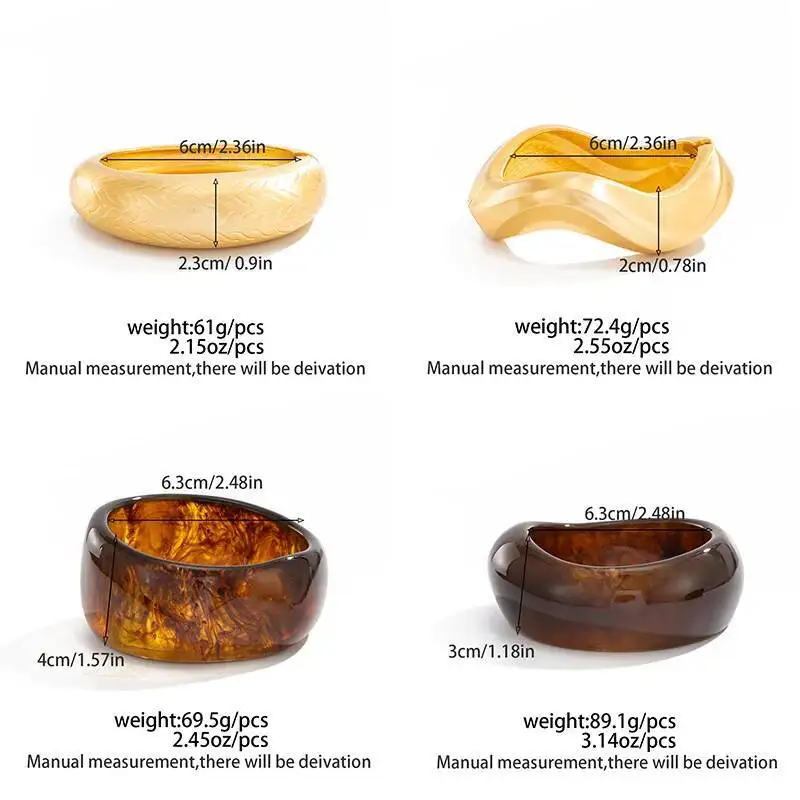 Salircon 4 Styles Vintage Irregular Resin Wide Chunky Bangles for Women Punk Geometric Wave Metal Stackable Bracelets Jewelry