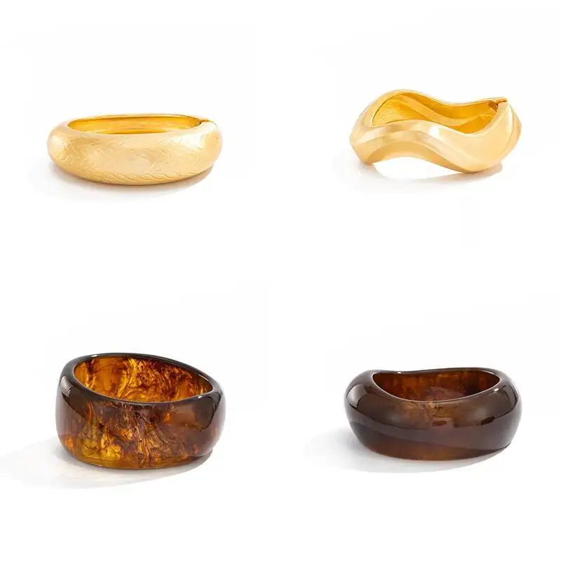 Salircon 4 Styles Vintage Irregular Resin Wide Chunky Bangles for Women Punk Geometric Wave Metal Stackable Bracelets Jewelry