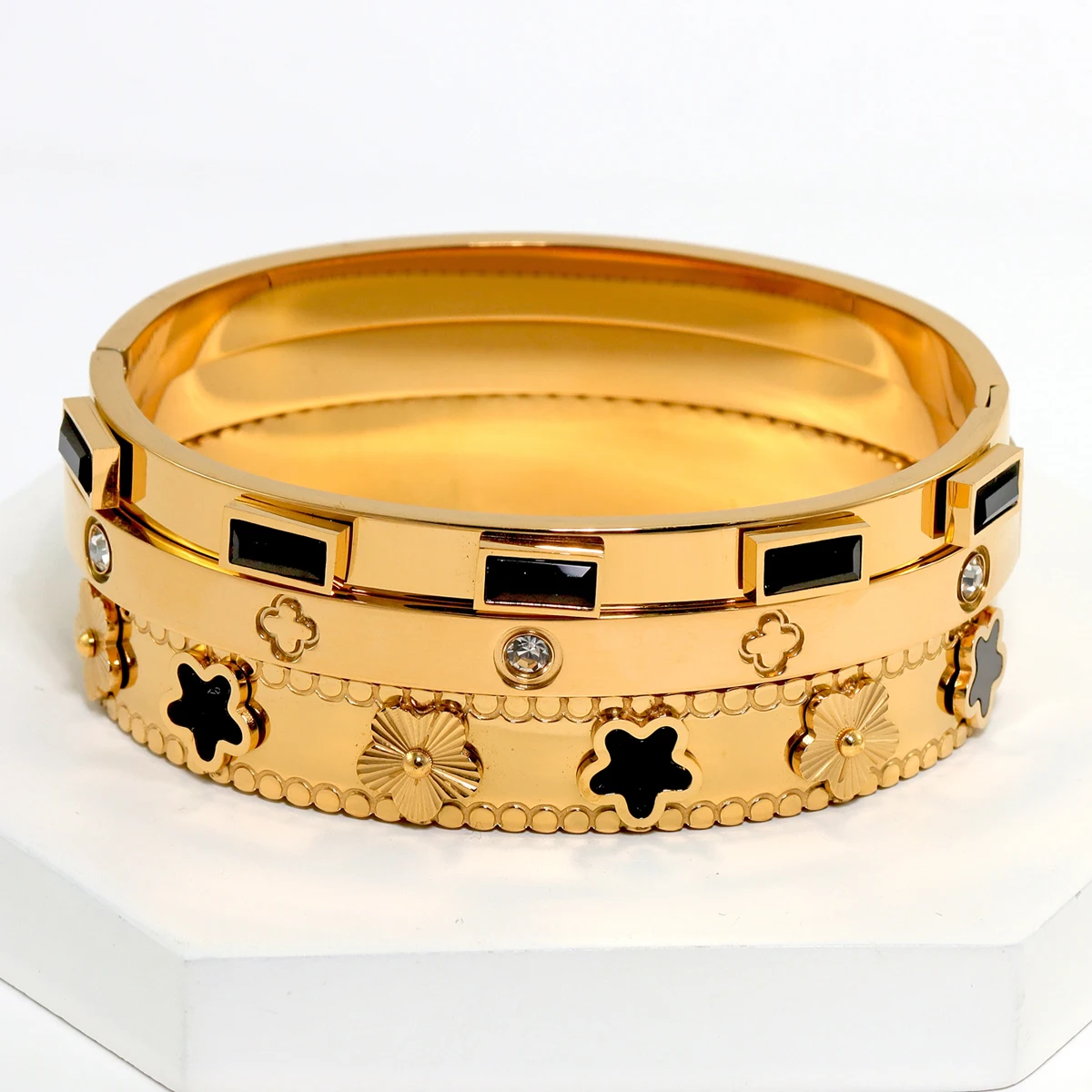 3pcs/Set European And American Fashion Stainless Steel Bracelet For Women With Flower Design Jewelry Bangle Sets