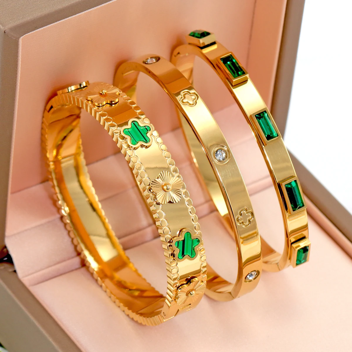 3pcs/Set European And American Fashion Stainless Steel Bracelet For Women With Flower Design Jewelry Bangle Sets