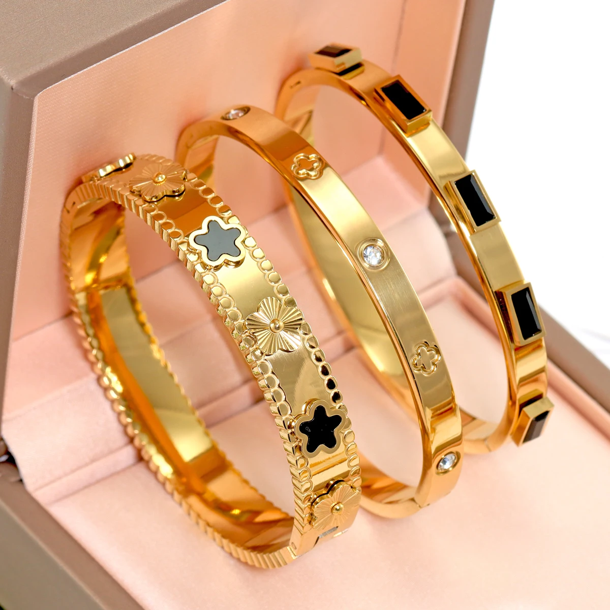 3pcs/Set European And American Fashion Stainless Steel Bracelet For Women With Flower Design Jewelry Bangle Sets