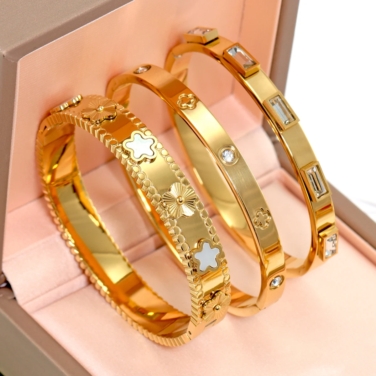 3pcs/Set European And American Fashion Stainless Steel Bracelet For Women With Flower Design Jewelry Bangle Sets