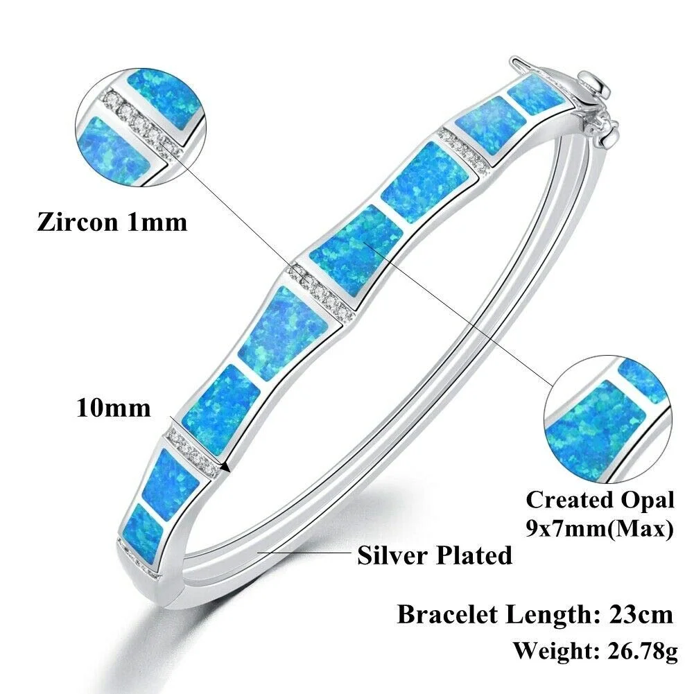 Vivid Blue Opal Bangle,Silver Plated Cuff with Zirconia Accents,Elegant Statement Jewelry Gift for Women Wedding Evening Wear