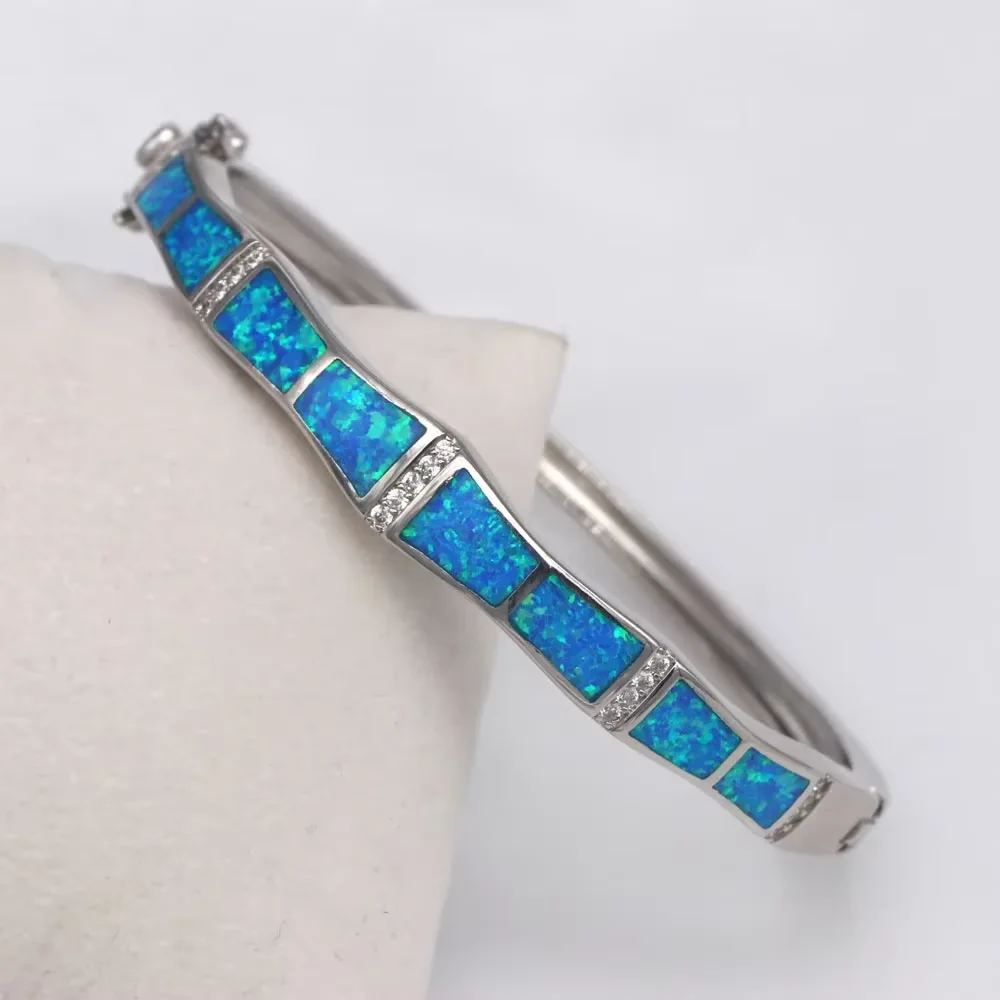Vivid Blue Opal Bangle,Silver Plated Cuff with Zirconia Accents,Elegant Statement Jewelry Gift for Women Wedding Evening Wear