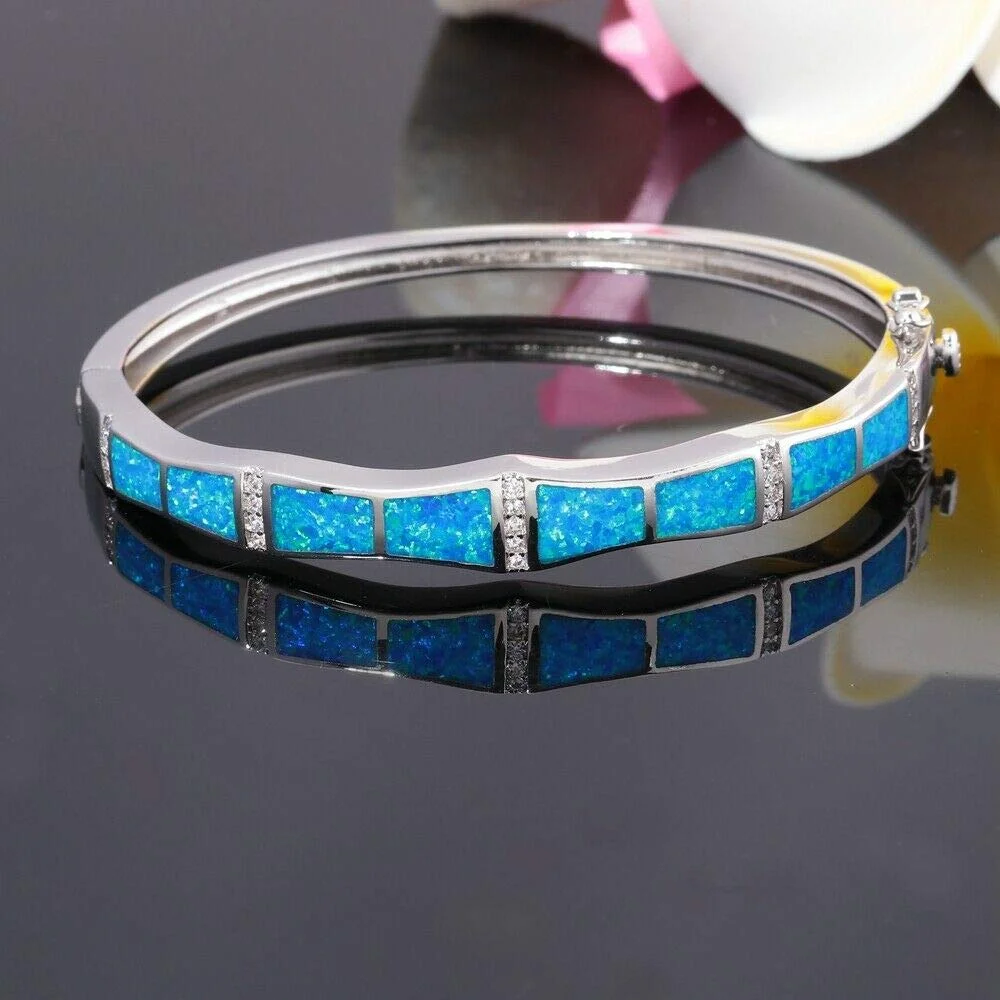 Vivid Blue Opal Bangle,Silver Plated Cuff with Zirconia Accents,Elegant Statement Jewelry Gift for Women Wedding Evening Wear