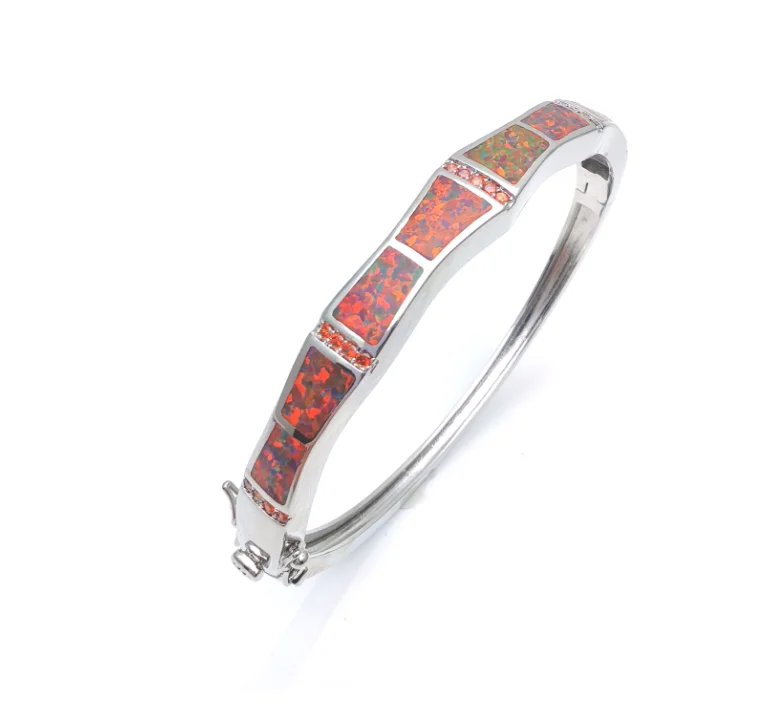 Vivid Blue Opal Bangle,Silver Plated Cuff with Zirconia Accents,Elegant Statement Jewelry Gift for Women Wedding Evening Wear