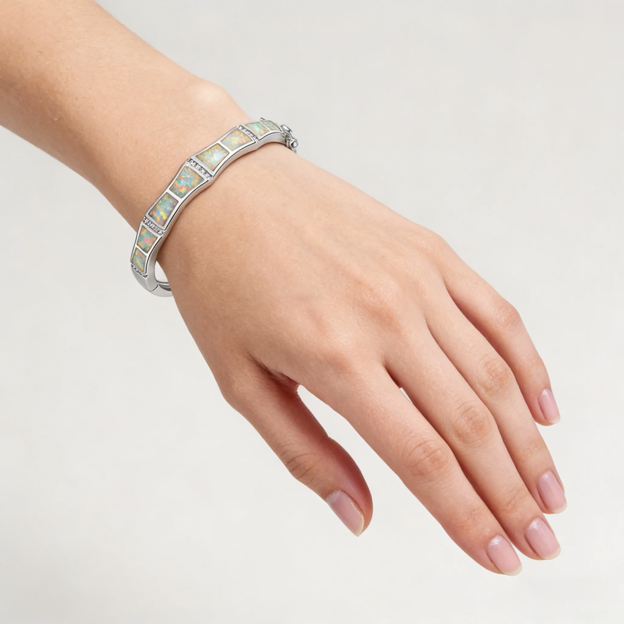 Vivid Blue Opal Bangle,Silver Plated Cuff with Zirconia Accents,Elegant Statement Jewelry Gift for Women Wedding Evening Wear