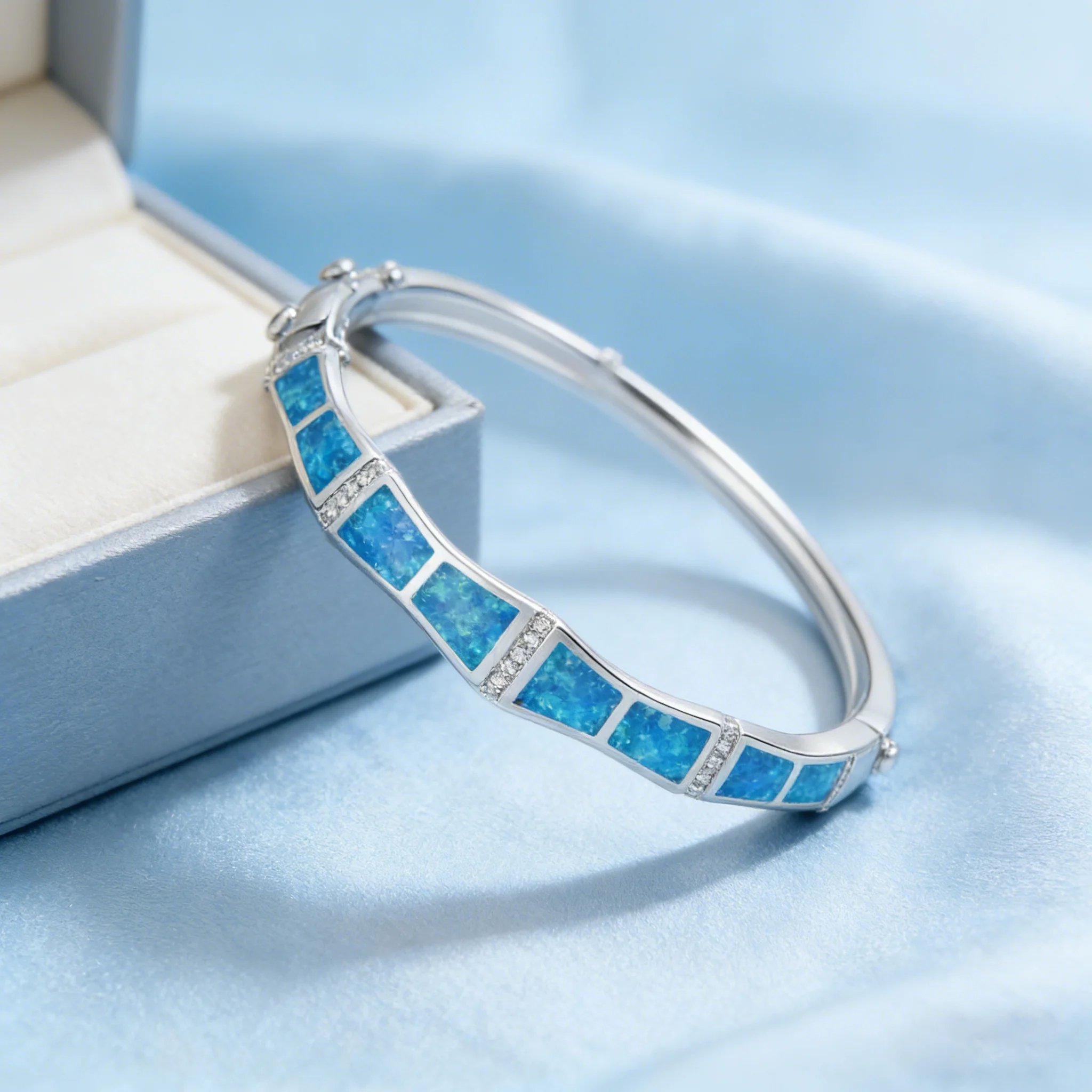 Vivid Blue Opal Bangle,Silver Plated Cuff with Zirconia Accents,Elegant Statement Jewelry Gift for Women Wedding Evening Wear