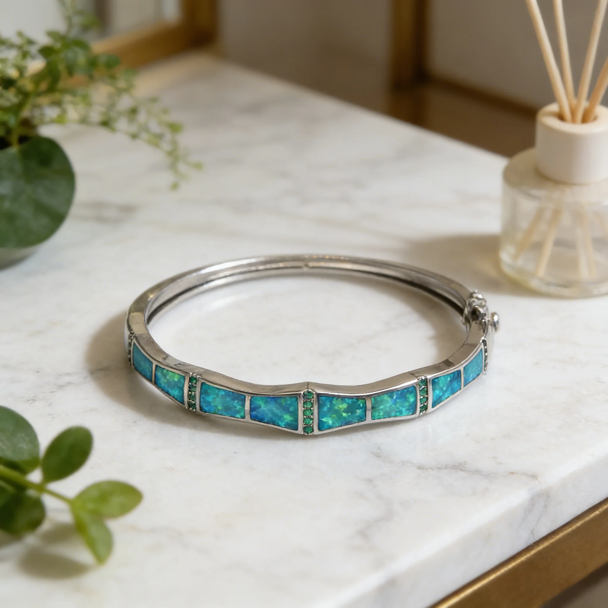 Vivid Blue Opal Bangle,Silver Plated Cuff with Zirconia Accents,Elegant Statement Jewelry Gift for Women Wedding Evening Wear