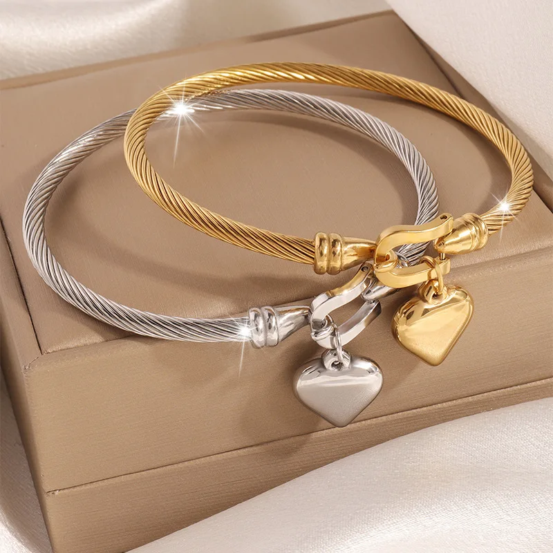 18k Gold Color Stainless Steel Heart Pendant Charm Bangle Bracelets for Men Women