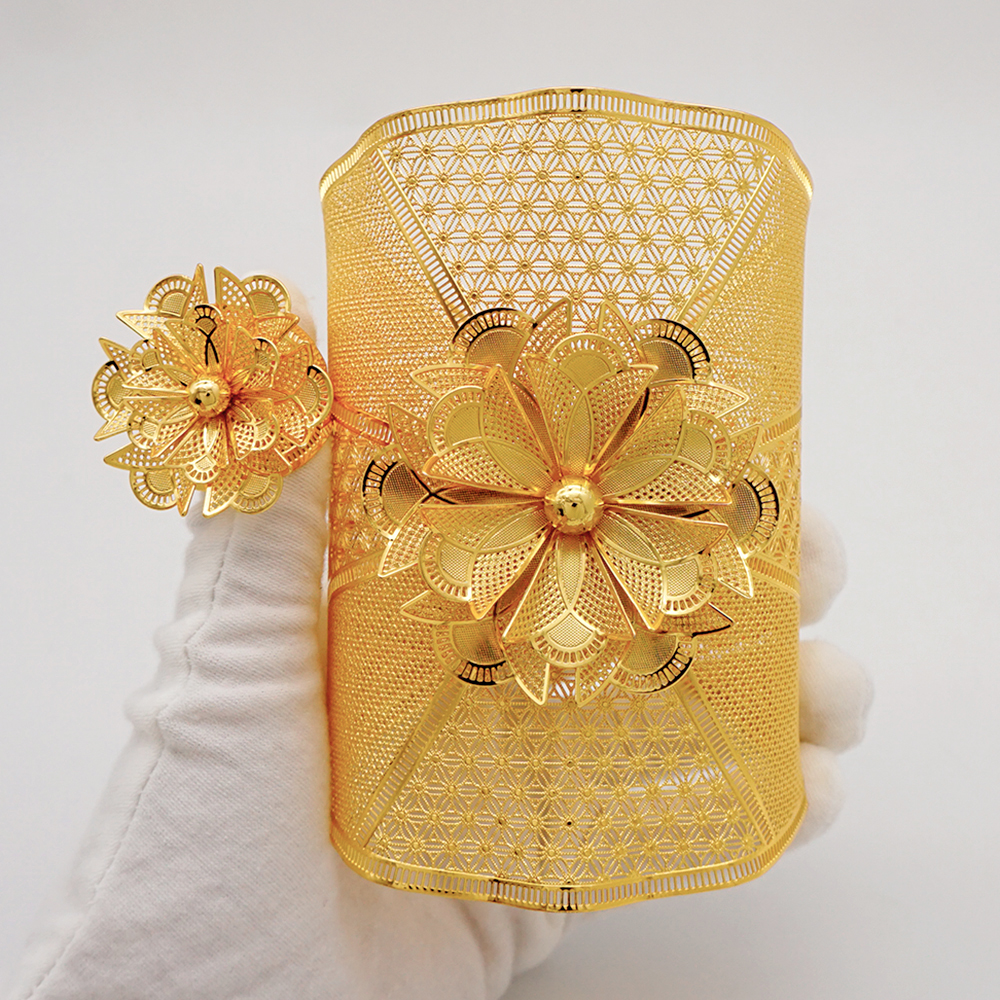 Luxury Chain Cuff Bangle & Ring For Women Dubai Gold Color Indian Moroccan Big Bracelet Jewelry Arabic African Wedding