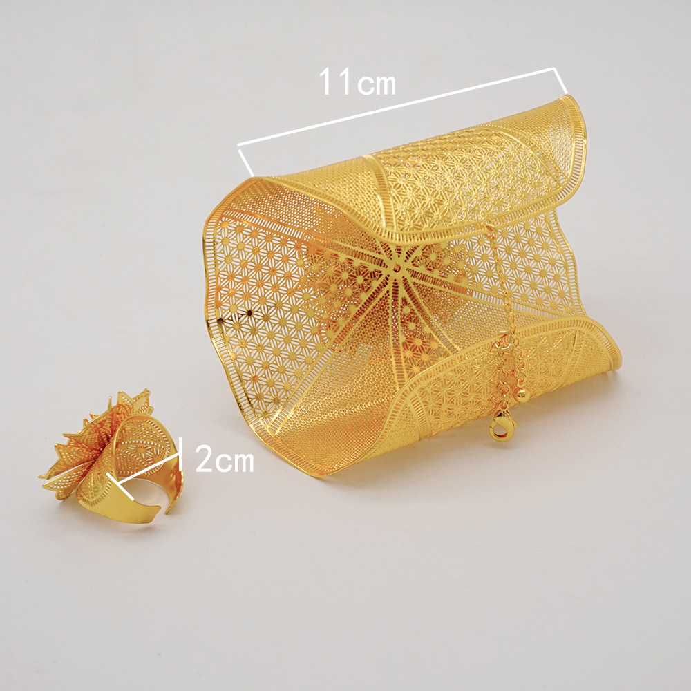 Luxury Chain Cuff Bangle & Ring For Women Dubai Gold Color Indian Moroccan Big Bracelet Jewelry Arabic African Wedding