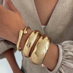 Salircon Vintage Hip Hop Geometric Metal Cuff Bangles for Women Punk Exaggerated Gold Color Metal Spring Bracelets Party Jewelry