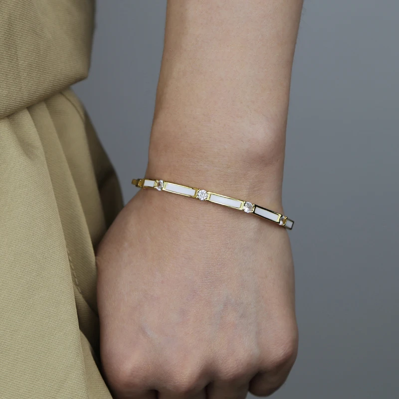 New Multicolor Bamboo Joint Bangles for Women Pink Blue White Green Black Enamel Cubic Zirconia 58mm Gold Color Fashion Jewelry