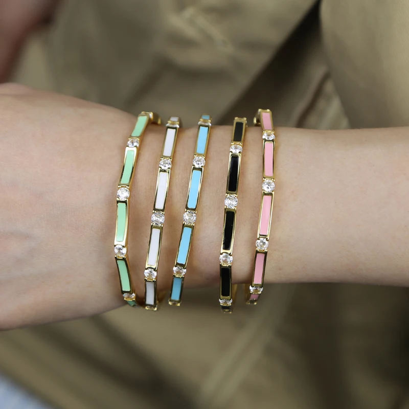 New Multicolor Bamboo Joint Bangles for Women Pink Blue White Green Black Enamel Cubic Zirconia 58mm Gold Color Fashion Jewelry
