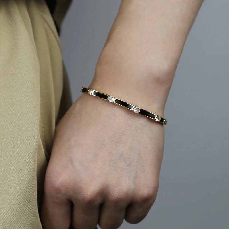 New Multicolor Bamboo Joint Bangles for Women Pink Blue White Green Black Enamel Cubic Zirconia 58mm Gold Color Fashion Jewelry