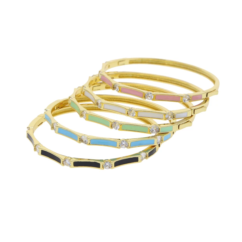 New Multicolor Bamboo Joint Bangles for Women Pink Blue White Green Black Enamel Cubic Zirconia 58mm Gold Color Fashion Jewelry