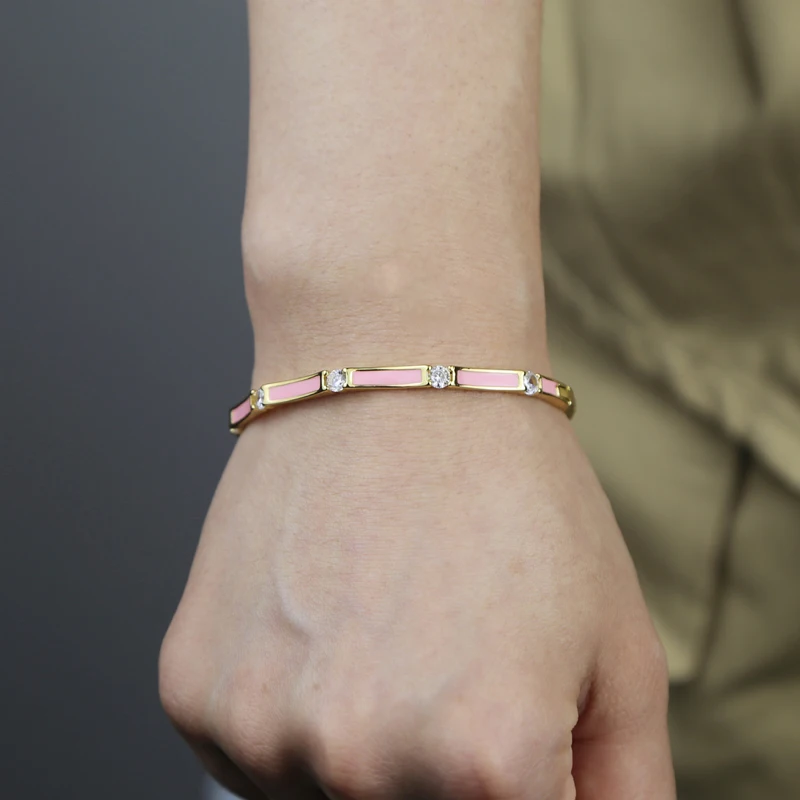 New Multicolor Bamboo Joint Bangles for Women Pink Blue White Green Black Enamel Cubic Zirconia 58mm Gold Color Fashion Jewelry