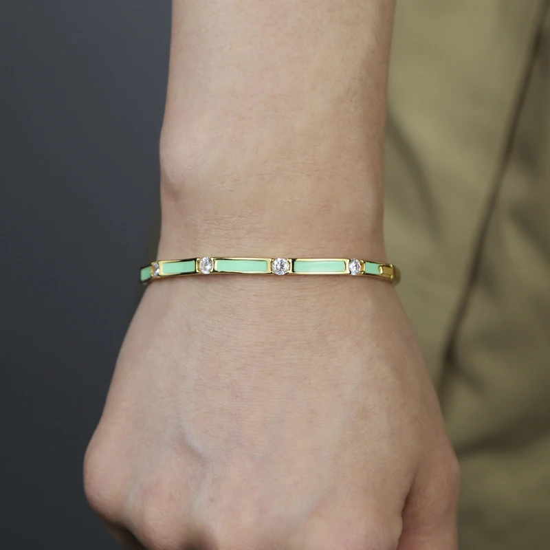 New Multicolor Bamboo Joint Bangles for Women Pink Blue White Green Black Enamel Cubic Zirconia 58mm Gold Color Fashion Jewelry