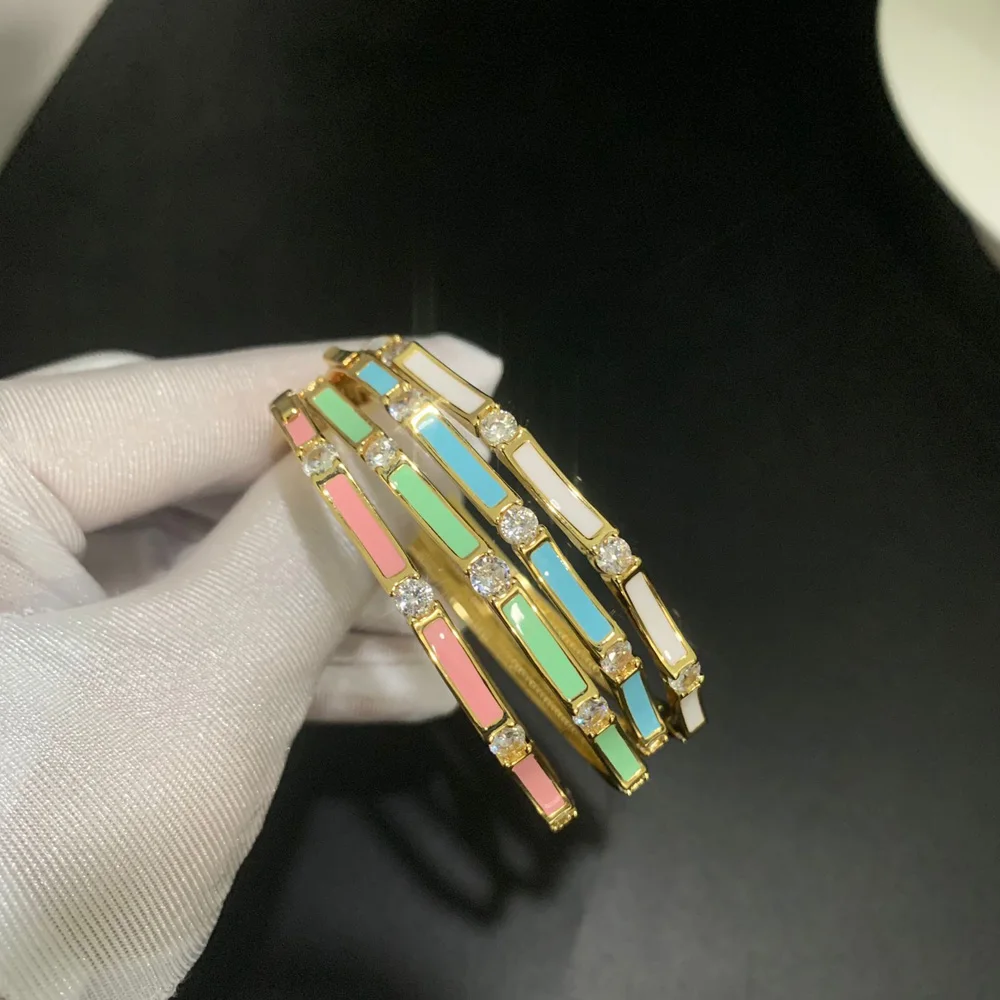 New Multicolor Bamboo Joint Bangles for Women Pink Blue White Green Black Enamel Cubic Zirconia 58mm Gold Color Fashion Jewelry