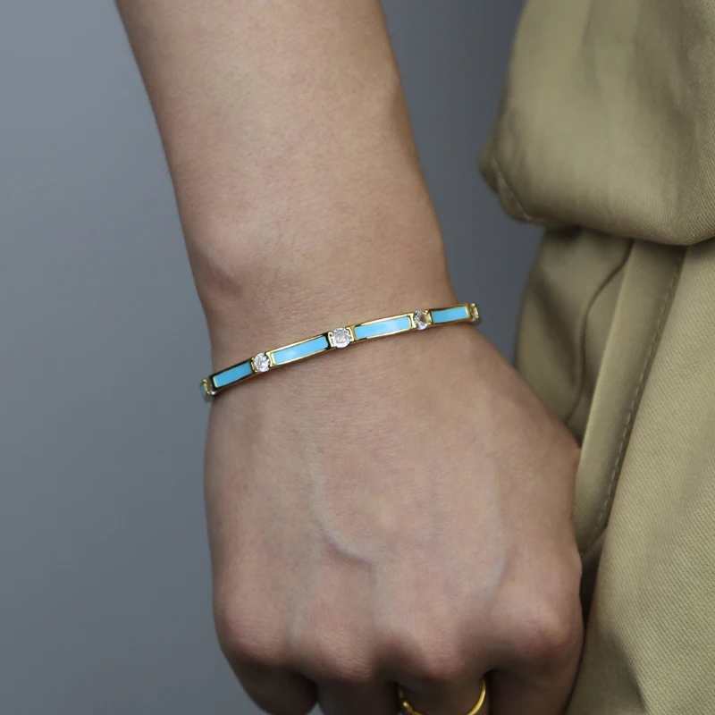 New Multicolor Bamboo Joint Bangles for Women Pink Blue White Green Black Enamel Cubic Zirconia 58mm Gold Color Fashion Jewelry