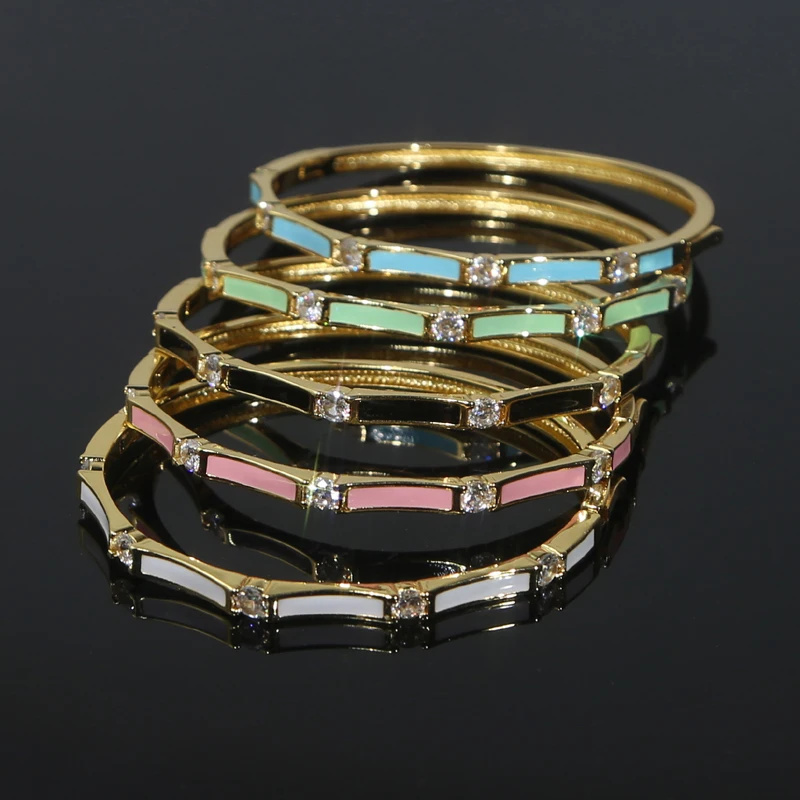 New Multicolor Bamboo Joint Bangles for Women Pink Blue White Green Black Enamel Cubic Zirconia 58mm Gold Color Fashion Jewelry