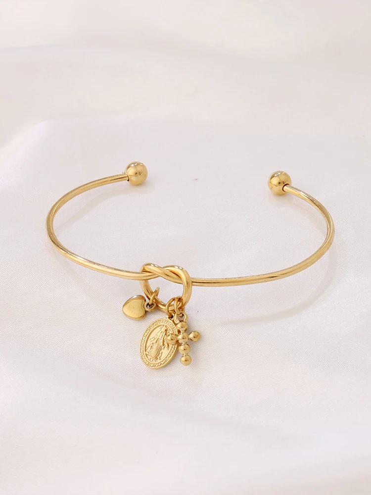 1pcs Stainless Steel Cross Virgin Mary Pendant Adjustable Cuff Bangles For Women Fashion Tiny Heart Open Bangle Bracelet Jewelry